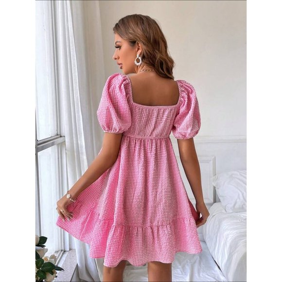 Boho puff sleeve gingham plaid sweetheart neckline mini dress hot pink - Picture 2 of 2